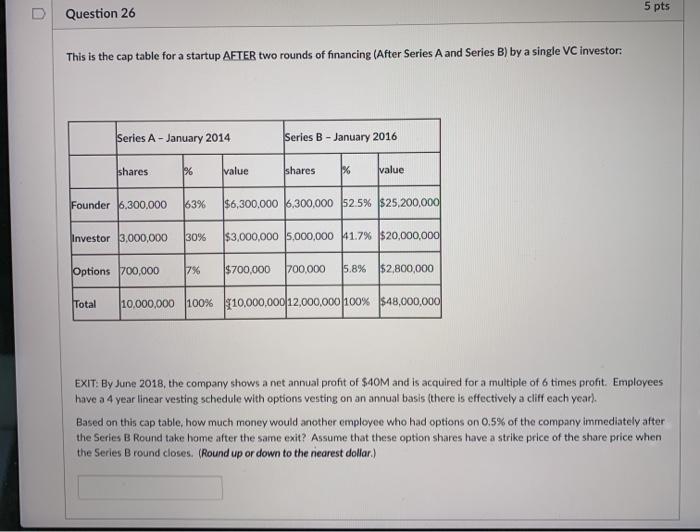  5 pts D Question 26 This is the cap table for
