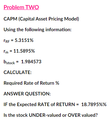 Please show the work Problem TWO CAPM (Capital Asset Pricing Model) Using