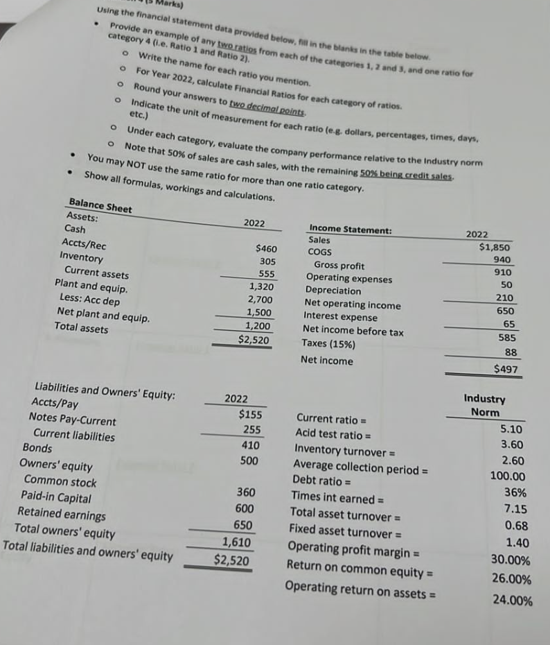 . o Using the financial statement data provided below, will in