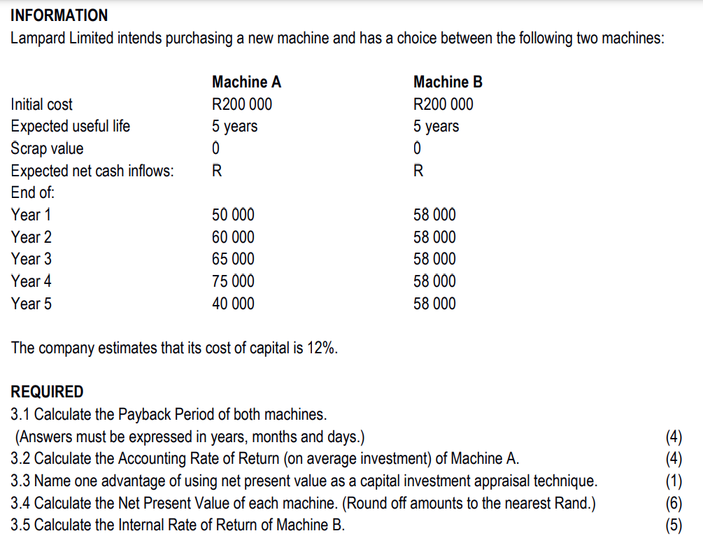 INFORMATION Lampard Limited intends purchasing a new machine and has a