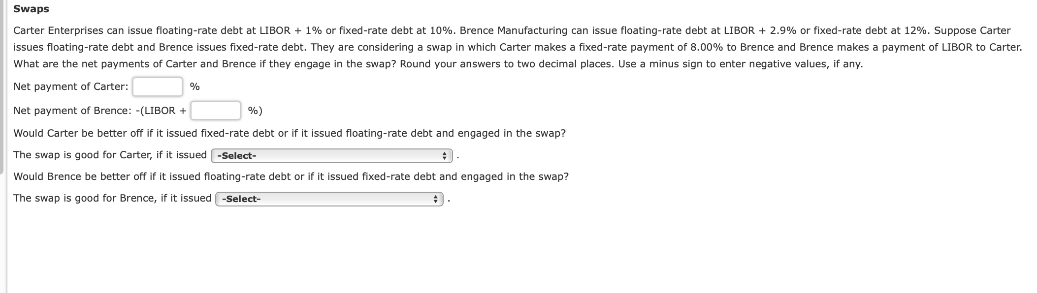 Swaps Carter Enterprises can issue floating-rate debt at LIBOR + 1%