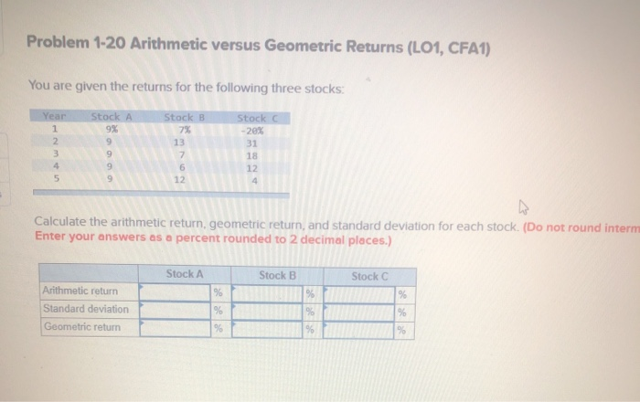  Problem 1-20 Arithmetic versus Geometric Returns (LO1, CFA1) You are given