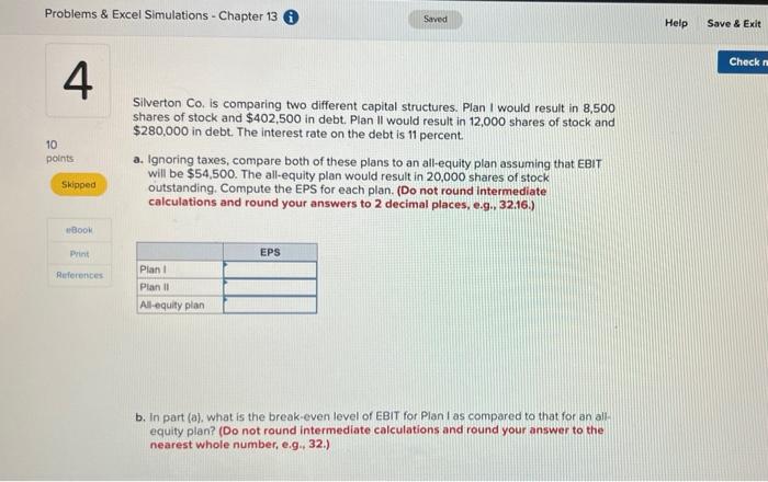  Problems & Excel Simulations - Chapter 13 Saved Help Save &