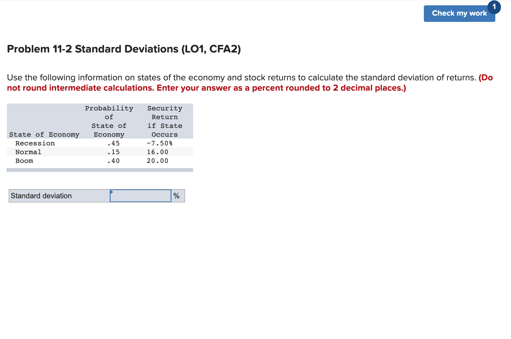 Problem 11-2 Standard Deviations (LO1, CFA2) Use the following information on