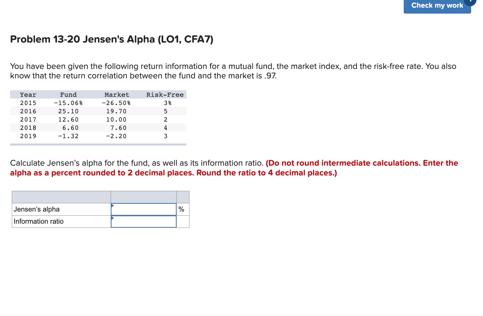 Problem 13-20 Jensen's Alpha (LO1, CFA7) You have been given the