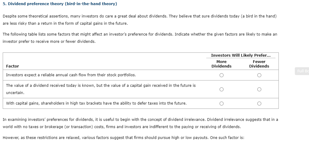  5. Dividend preference theory (bird-in-the-hand theory) Despite some theoretical assertions, many