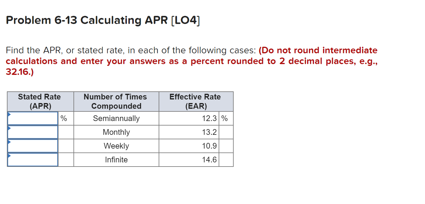  Problem 6-13 Calculating APR (LO4] Find the APR, or stated rate,