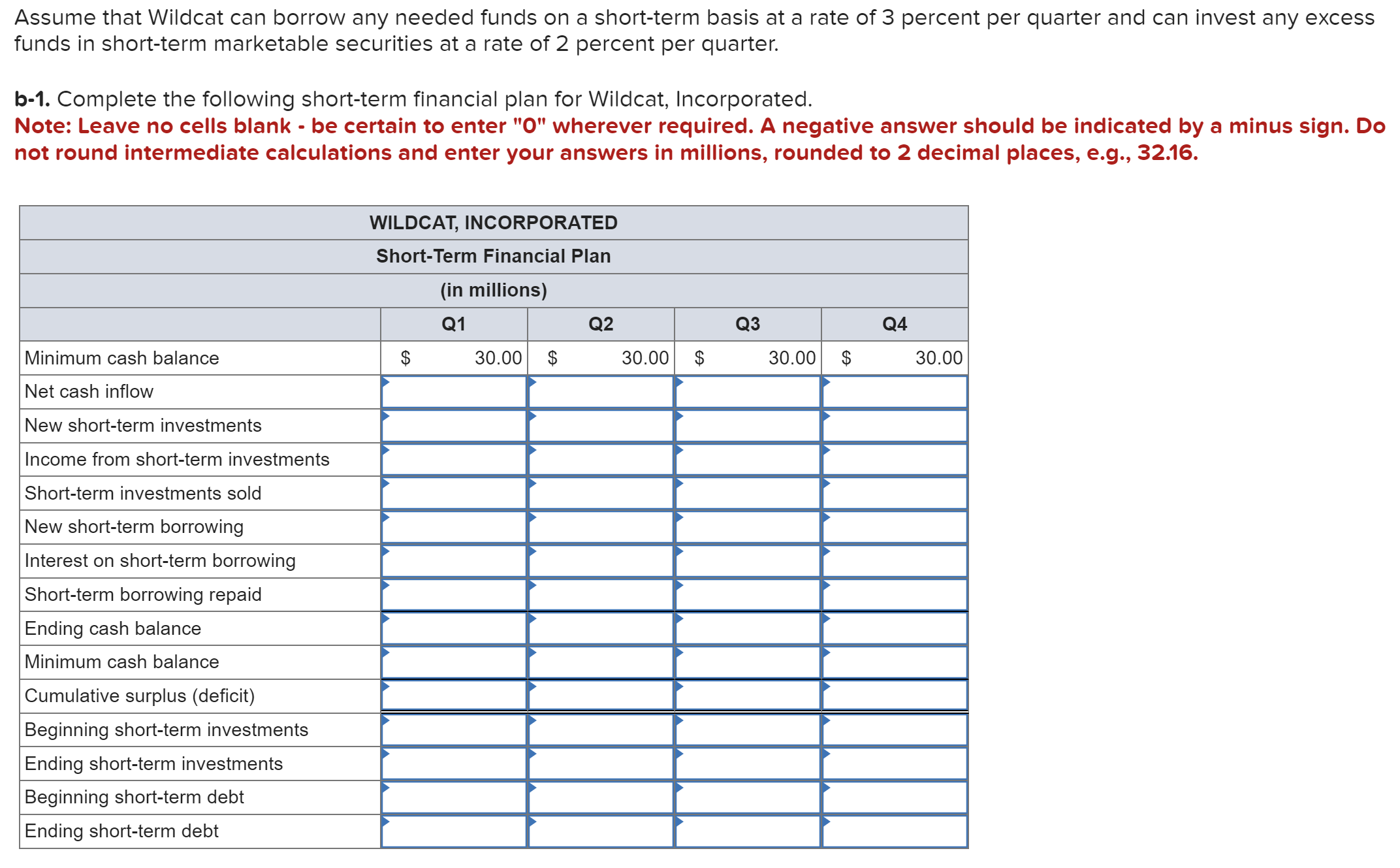 I need the complete answer for every empty cell in the table