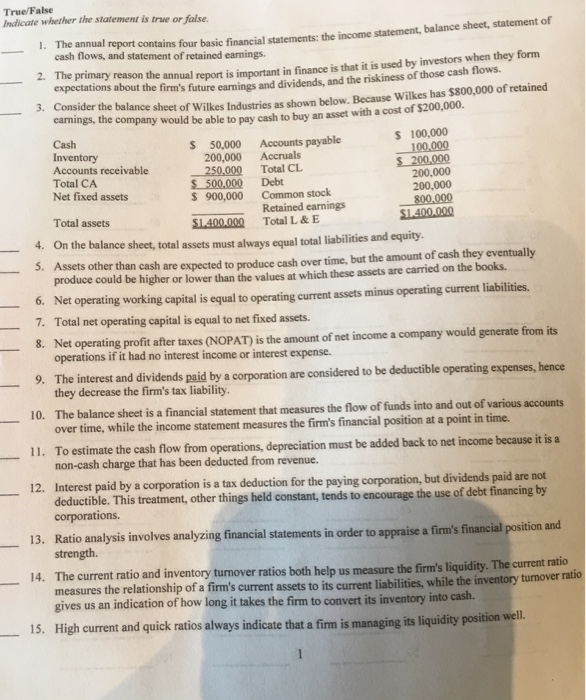  True/False Indicate whether the statement is true or false. sheet, statement