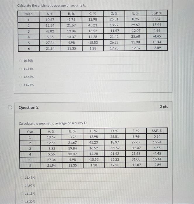  Calculate the arithmetic average of security E. A. % Year 1