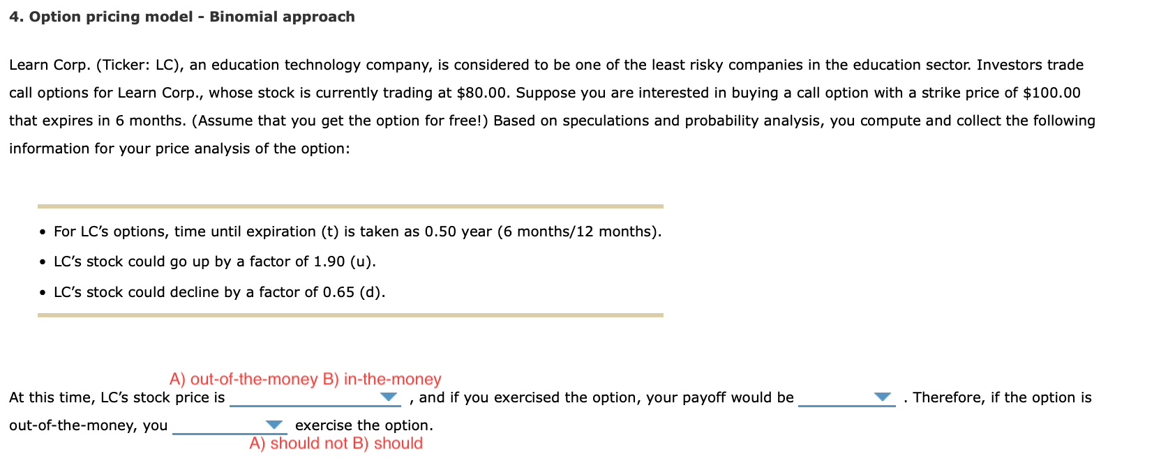 4. Option pricing model - Binomial approach Learn Corp. (Ticker: LC),