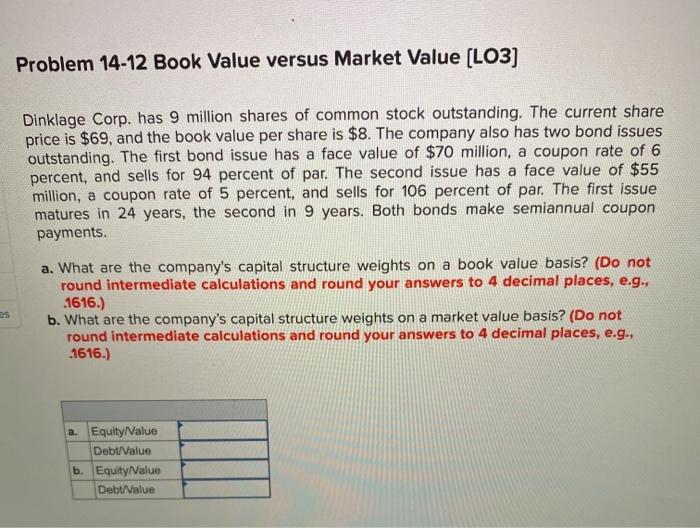  Problem 14-12 Book Value versus Market Value (LO3) Dinklage Corp. has
