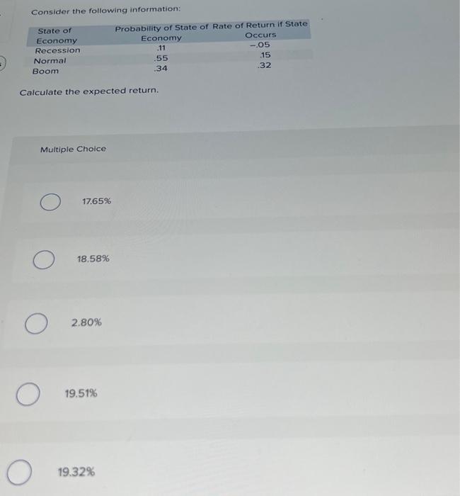 help Consider the following information: Calculate the expected return. Multiple Choice 17.65%