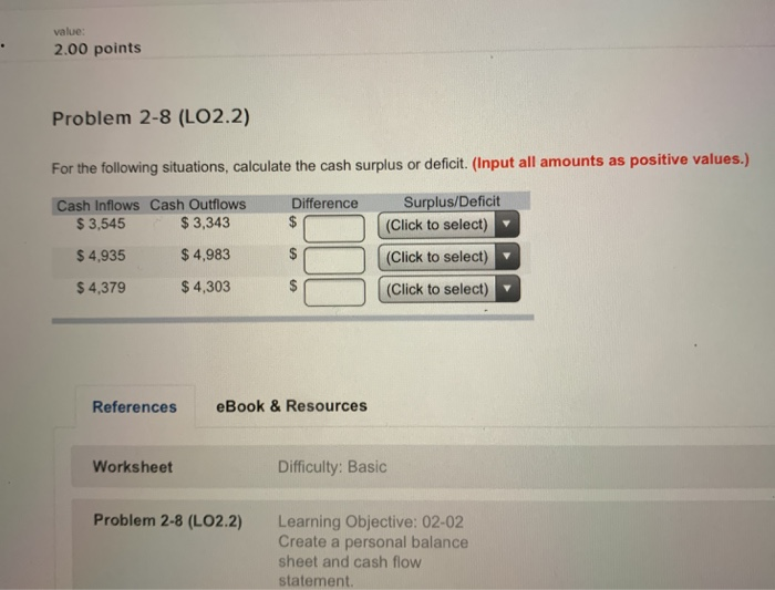  value: 2.00 points Problem 2-8 (LO2.2) For the following situations, calculate