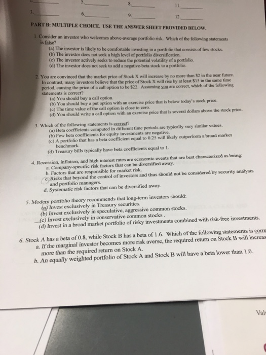  8. 6. 12. PART B: MULTIPLE CHOICE. USE THE ANSWER SHEET