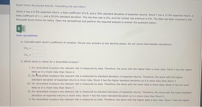  Excel Online Structured Activity: Evalubting risk and return Stock X has