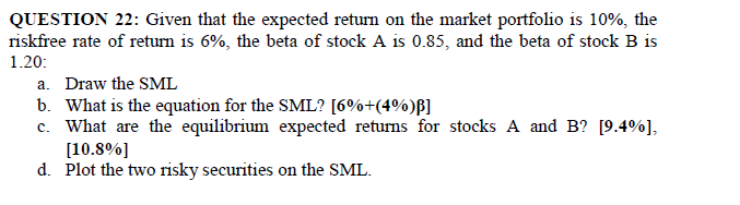 QUESTION 22: Given that the expected return on the market portfolio