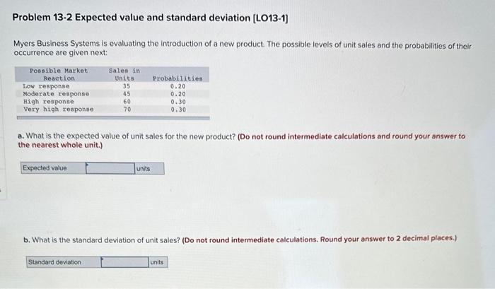  Problem 13-2 Expected value and standard deviation [LO13-1] Myers Business Systems