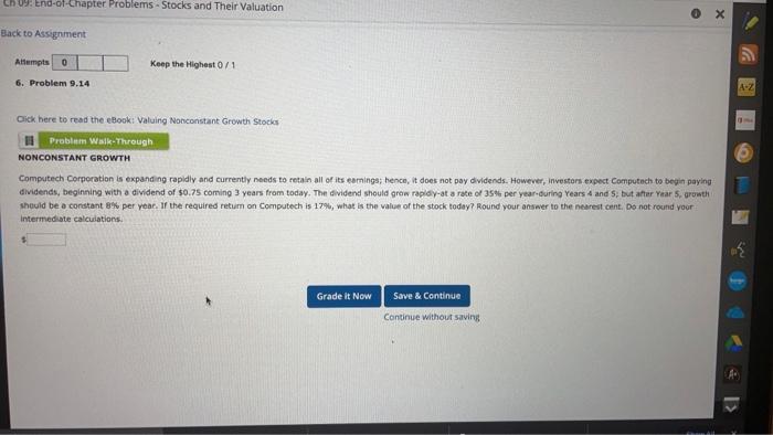  Ch 09 End-of-Chapter Problems - Stocks and Their Valuation 0 X