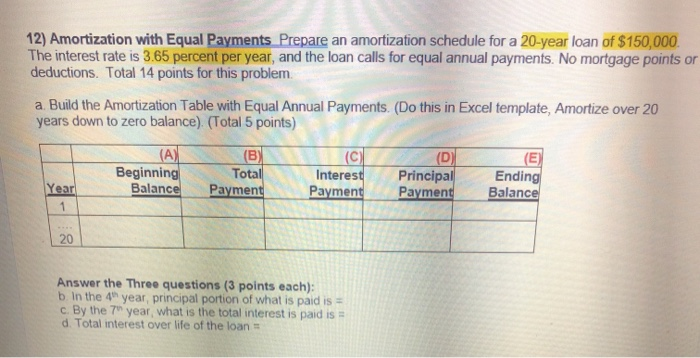  12) Amortization with Equal Payments Prepare an amortization schedule for a