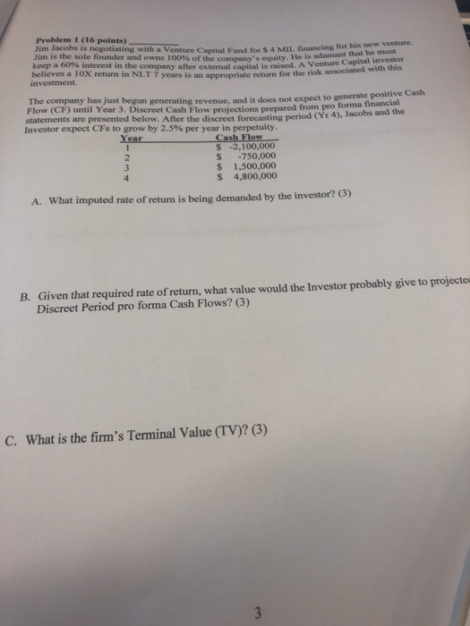  Problem 1 (16 points) Jim Jacobs is negotiating with a Venture