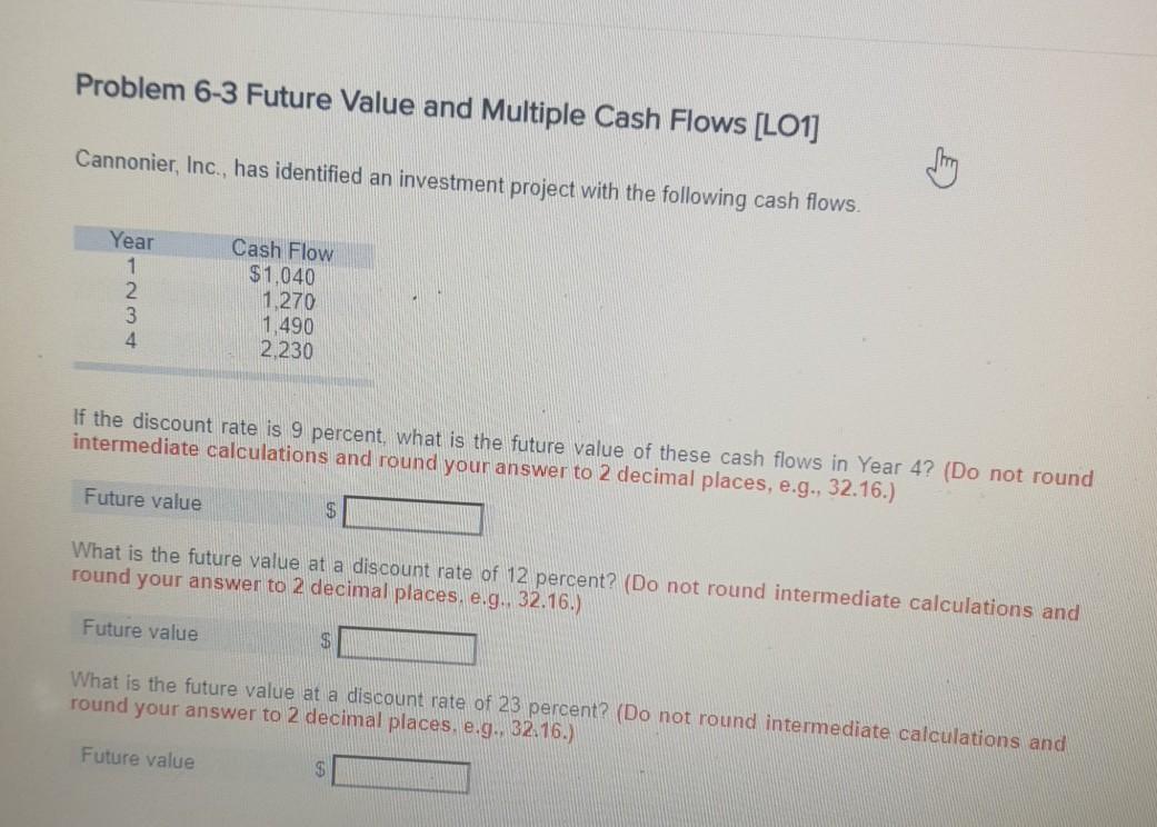  Problem 6-3 Future Value and Multiple Cash Flows [LO1] Cannonier, Inc.,