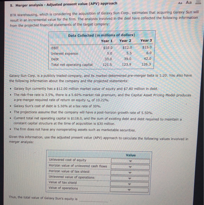  Aa Aa 5. Merger analysis - Adjusted present value (APV) approach