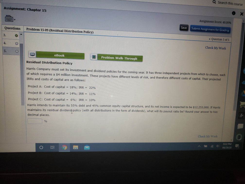  Q Search this course Assignment: Chapter 15 Assignment Score: 40.00% Questions