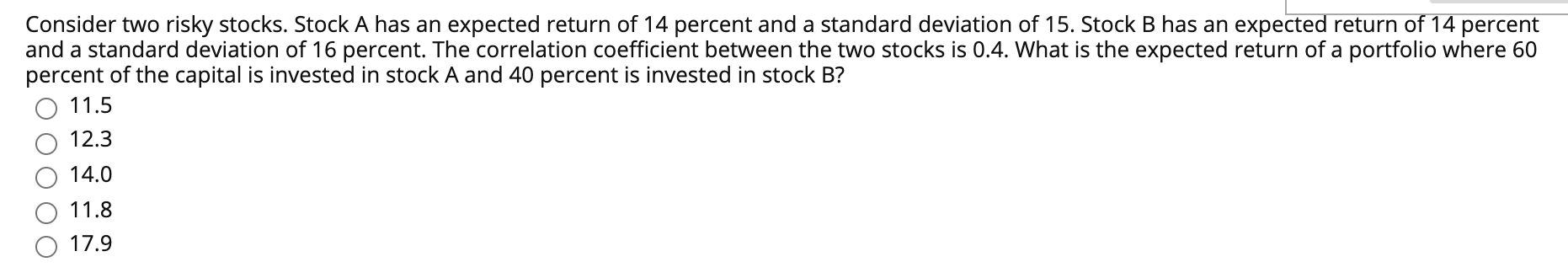  Consider two risky stocks. Stock A has an expected return of
