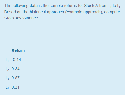  The following data is the sample returns for Stock A from