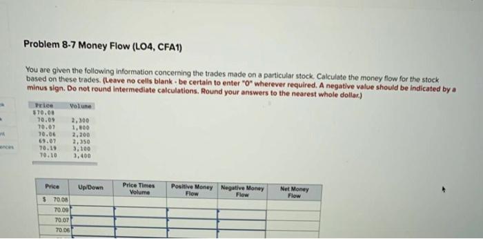  Problem 8-7 Money Flow (L04, CFA1) You are given the following