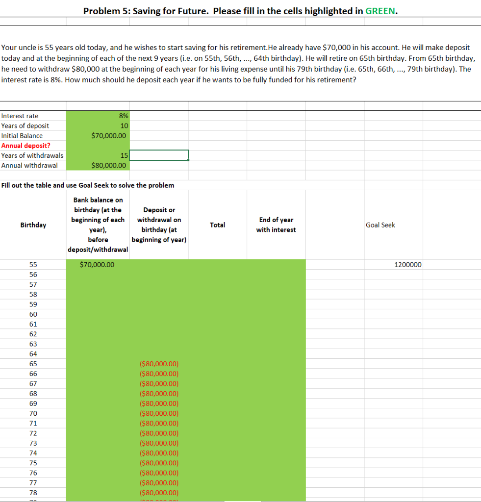  Problem 5: Saving for Future. Please fill in the cells highlighted