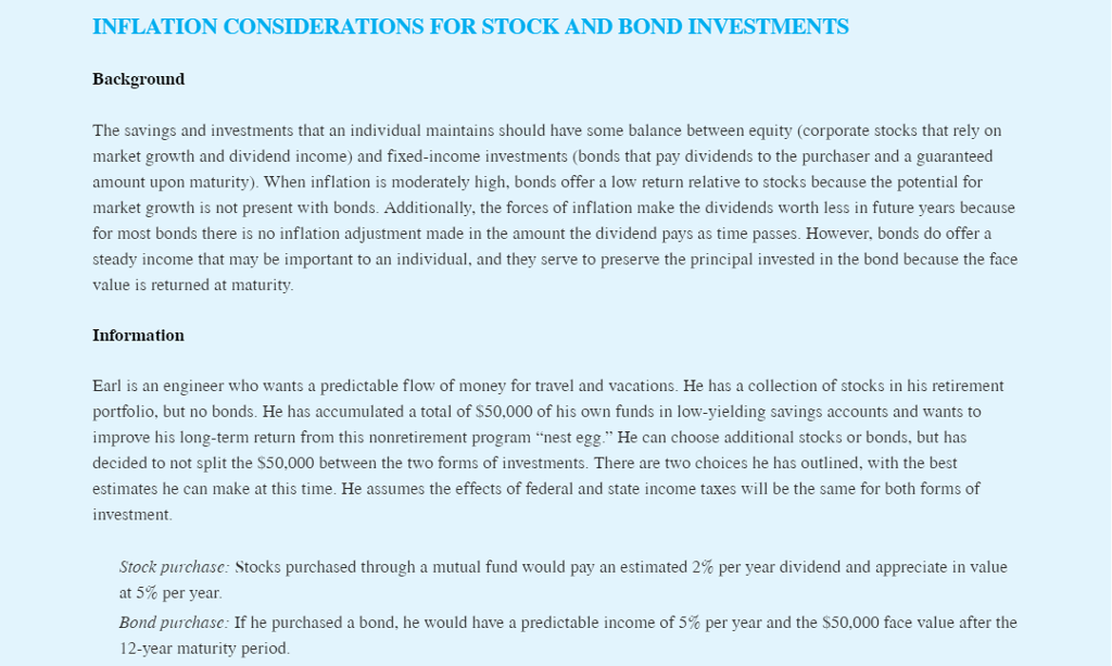 Answer Case Study 5. INFLATION CONSIDERATIONS FOR STOCK AND BOND INVESTMENTS