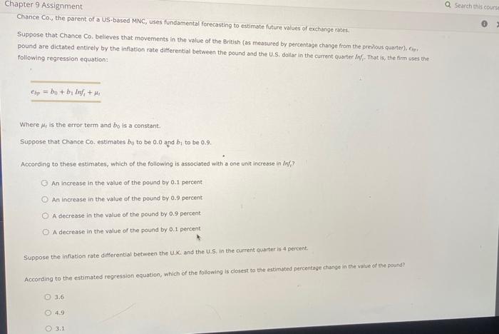  Q Search this cours Chapter 9 Assignment Chance Co., the parent