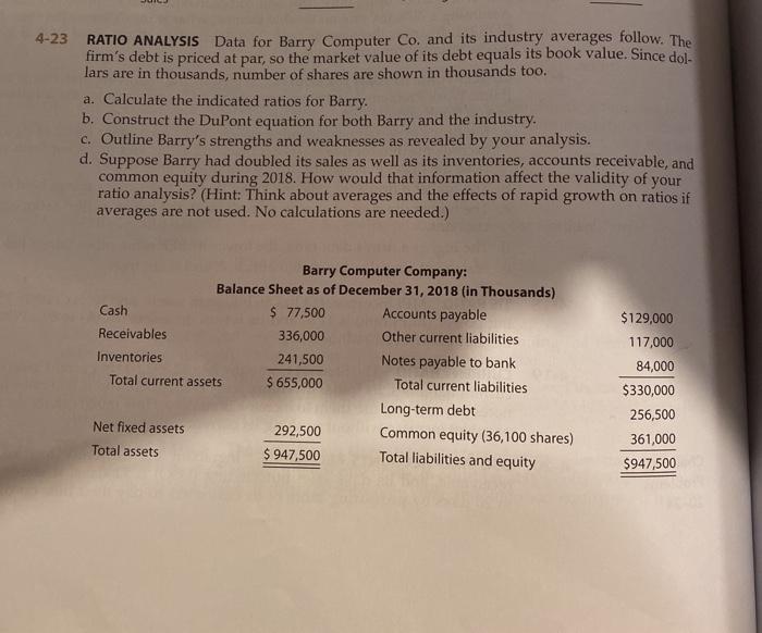  please show work A-D 4-23 RATIO ANALYSIS Data for Barry Computer