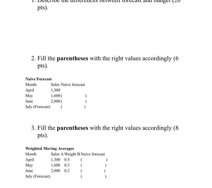  pts). 2. Fill the parentheses with the right values accordingly (6