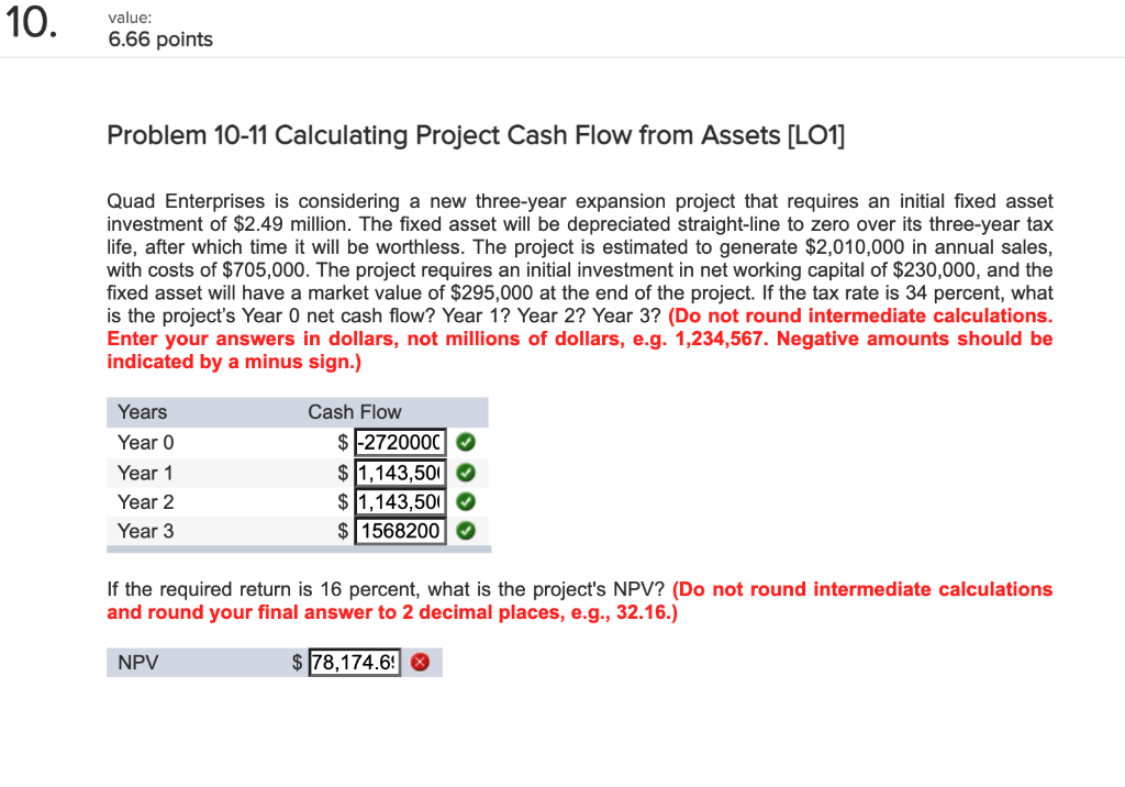 undefined 10. value: 6.66 points Problem 10-11 Calculating Project Cash Flow from