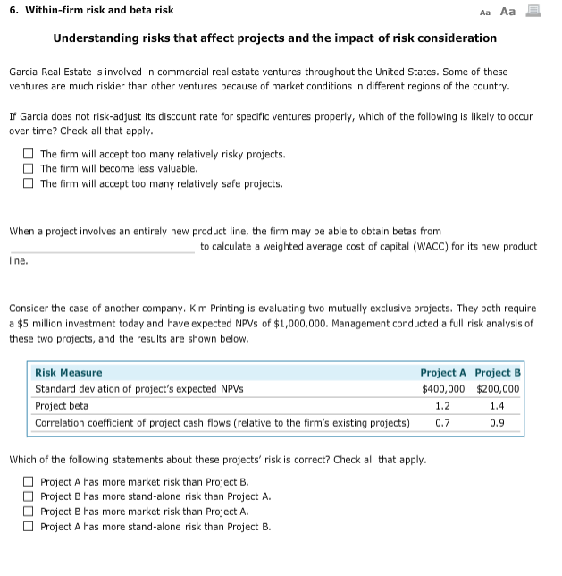 6. Within-firm risk and beta risk Aa Aa Understanding risks that
