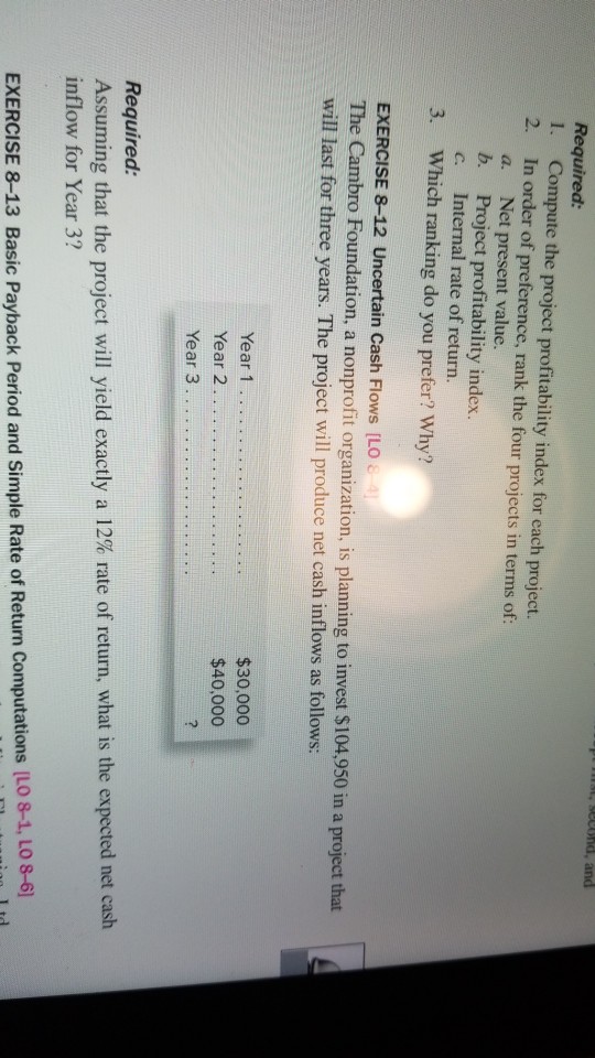  Required: I. Compute the project profitability index for each project. 2.