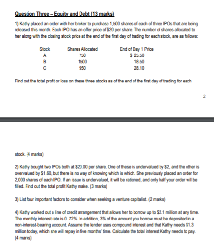  Question Three - Equity and Debt (13 marks) 1) Kathy placed