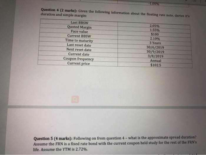 Please answer Question 5 -1.00% Question 4 (2 marks): Given the following