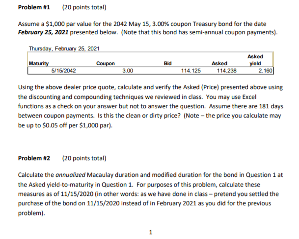 Problem #1 (20 points total) Assume a $1,000 par value for