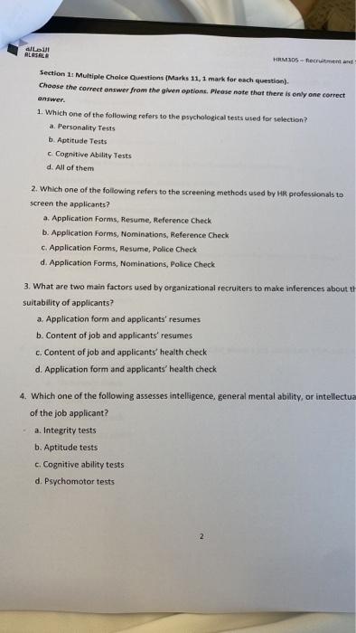  Section 14 Multiple Choice Questions (Marks 11, I mark for each