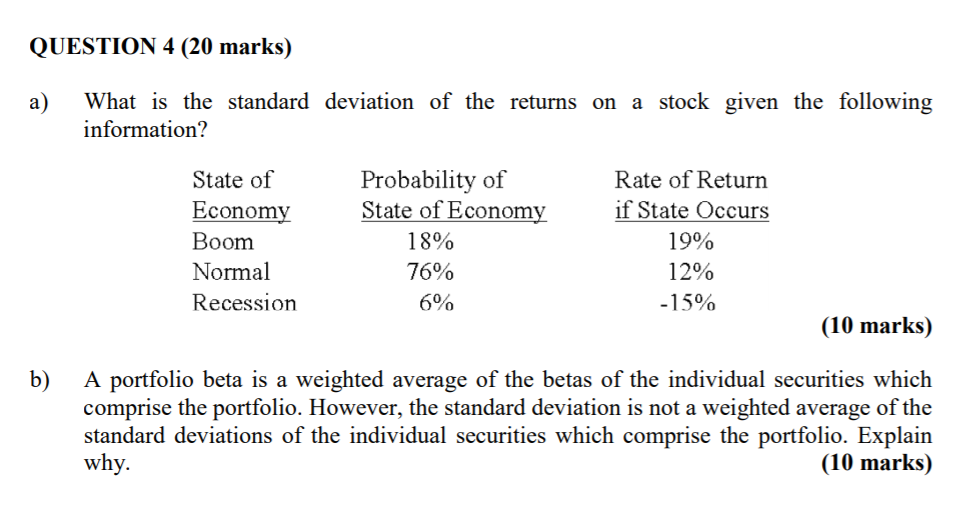  QUESTION 4 (20 marks) a) What is the standard deviation of
