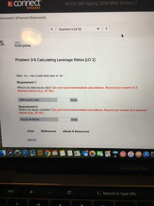  connect FINANCE BCOR 340: Spring 2019 MWF Section 2 omework 1