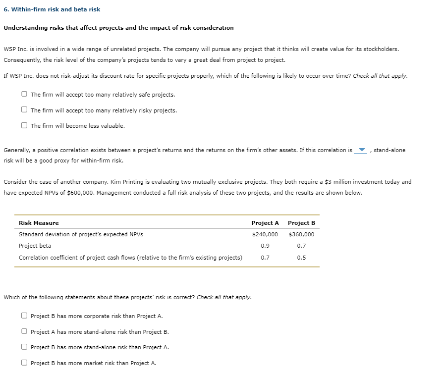6. Within-firm risk and beta risk Understanding risks that affect projects