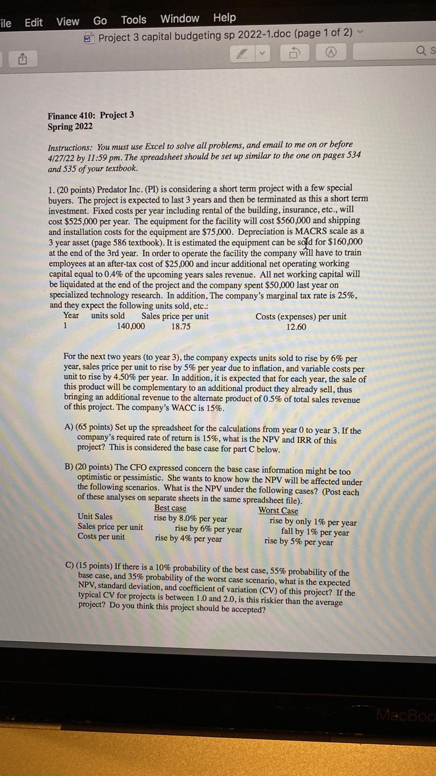 ile Edit View Go Tools Window Help Project 3 capital budgeting