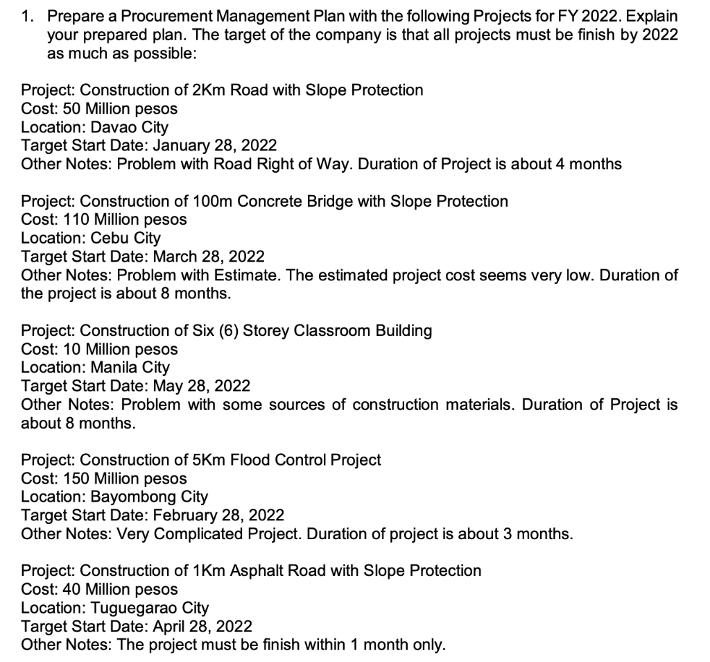 1. Prepare a Procurement Management Plan with the following Projects for