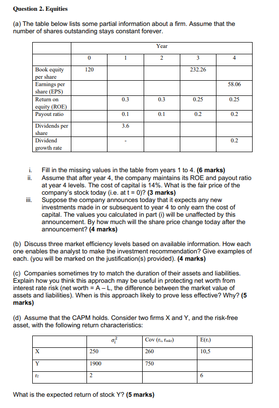  please answer only b) Question 2. Equities (a) The table below