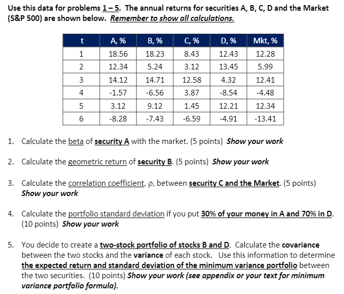  Use this data for problems 1-5. The annual returns for securities